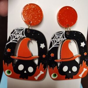 Halloween Skull Earrings with Orange Accents